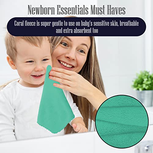 Image of 16 Pack Baby Washcloths - 10x10 Inch, Coral Fleece - Extra Absorbent and Soft Wash Clothes for Newborns, Infants and Toddlers - Suitable for Sensitive Skin and New Born - Baby Shower - Aqua Green