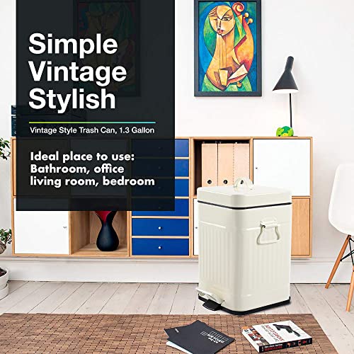 Image of Bathroom Trash Can with Lid, Small Garbage Bin for Home Bedroom, Retro Step Wastebasket with Soft Close, Vintage Metal Office Trash Can, 5 Liter / 1.3 Gallon, Ivory White