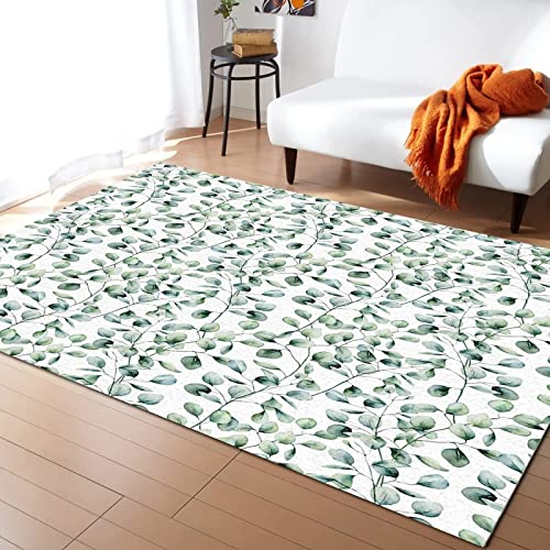 Image of Watercolor Green Leaf Plant Area Rug, Eucalyptus Leaves Summer Area Carpet, Art Home Decor Carpet for Room Sofa Living Room Mat Bedroom Floor Mats,5' x 7'