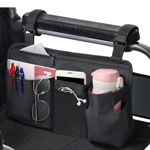 CTWWFS Upgrade Wheelchair Side Bag with Cup Holder, Armrest Accessories for Wheelchair, Rollator, Walker, The Perfectly Organized to Free your Hands and Bring you A Wonderful Life Experience (Black)