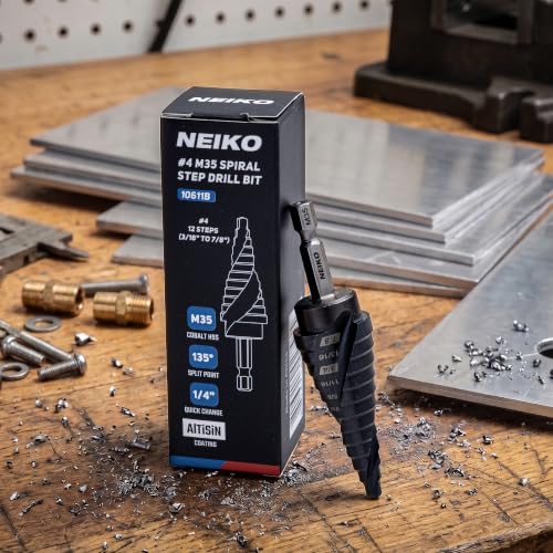 Image of NEIKO 10611B Step Drill Bit, 12 Steps 3 /16 inch to 7 /8 inch Spiral M35 Cobalt, AlTiSiN Coated, 1 /4 inch Quick Change Step Bits for Steel, Metal, Wood, Plastic, Unibit Cone Drill Bits, Two Flute