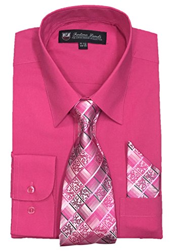 Fortino Landi Men's Long Sleeve Dress Shirt with Matching Tie and Handkerchief (17-17.5 Neck 34/35 Sleeve (XLarge), Fuchsin)