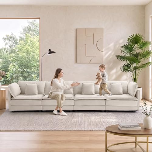 Image of Corduroy Sectional Couch, 4 Seater 149.2 inch Cloud Couch, Modular Deep Seat Sofa with Pillows for Living Room, Apartment, Beige