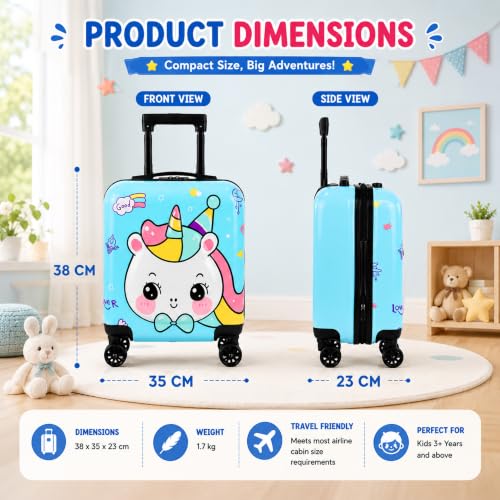 Image of Storite 18 in Unicorn Theme Kids Trolley Bag | Hard-Sided Polycarbonate Travel Suitcase Spinner Cabin Luggage(Blue - 35 x 23 x 38 Cm)