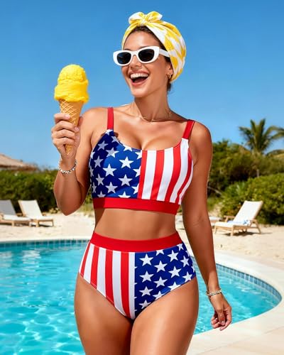 Image of Womens High Waisted Bikini Sets Sporty Crop Top Color Block Swimwear Bandeau Scoop Neck Vintage Two Piece Bathing Suits