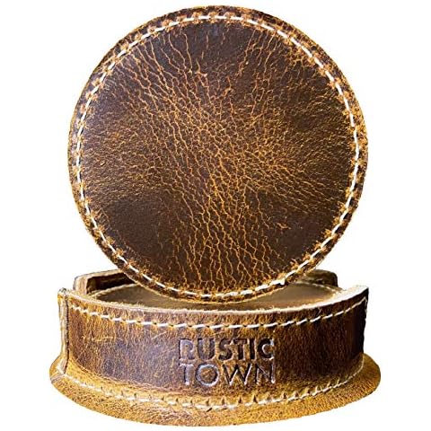 Rustic Town Leather Coasters for Drinks - Cup Coasters Coffee Table Kitchen Table Bar, Home & Office Gifts Handmade Drink Coasters Cover