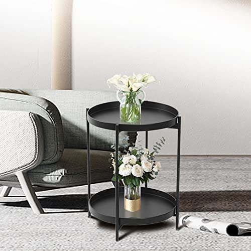 Nukee Black Folding End Table 2-Tier Metal Round Side Table With Removable Tray For Living Room(Black) #TOP3