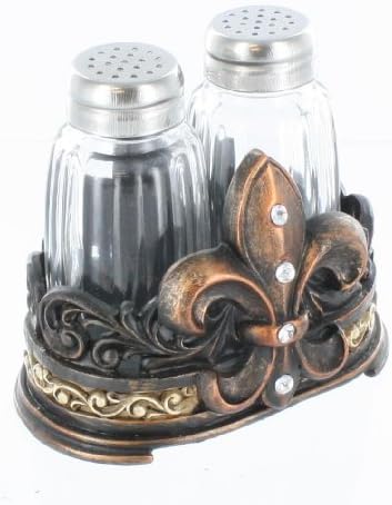 Fleur De Lis Salt & Pepper Shaker Set with Glass Shakers - Tuscan Creole Decor