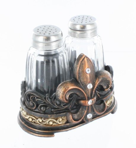 Fleur De Lis Salt & Pepper Shaker Set with Glass Shakers - Tuscan Creole Decor