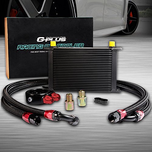 G-PLUS 25 Row AN10-10AN Universal Aluminum Engine Transmission Oil Cooler Kit Oil Filter Adapter Kit Black