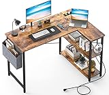 Mr IRONSTONE L Shaped Desk with Outlets & USB Ports, Reversible 47 Inch Office Desk, Corner Desk for Small Space, Home Office Desk with Storage Bag & Hook, Rustic Brown