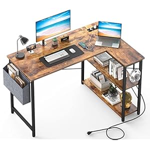 Mr IRONSTONE L Shaped Desk with Outlets & USB Ports, Reversible 47 Inch Office Desk, Corner Desk for Small Space, Home Office Desk with Storage Bag & Hook, Rustic Brown