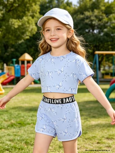 Image of Betusline Girls Summer 2 Piece Outfits,Kids Short Sleeve Crop Top & Shorts Set with Side Pockets