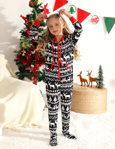 Image of Veseacky Family Christmas Pajamas Matching Sets Adult Onesie Zipper Hooded Footed One-Piece Pjs Jumpsuits