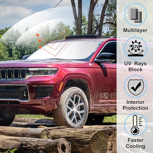 Image of Windshield Sun Shade Custom Fit 2021-2024 2025 2026 Jeep Grand Cherokee L /Jeep Grand Cherokee SUV Accessories Front Window Sunshade Sun Visor Protector Blocks Rays