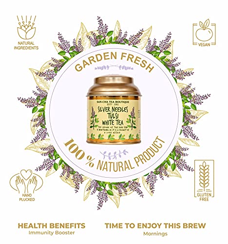 Image of Sancha Tea Boutique Tulsi White Tea (25X3 Cups), Pure Tea Buds blended with Holy Basil Leaves, Worlds Healthiest Tea, Silver Needles White Tea