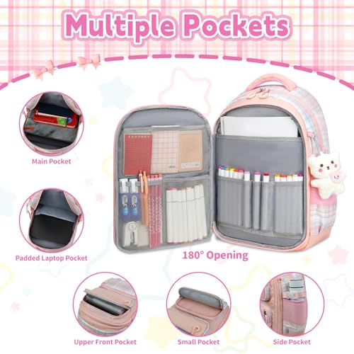 Cute Backpack for Girls, 5 Pack Kawaii Backpack Aesthetic Backpack with Lunch Box Set, Cute Pink School Bookbag for Kids Teen Elementary3