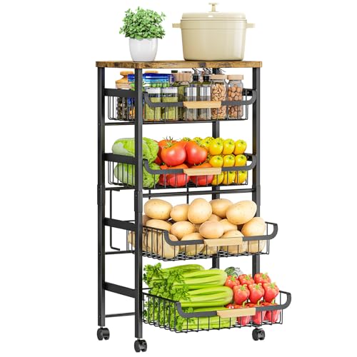 OrderlyGo 5-Tier Küchenwagen mit Rollen - Gemüseregal mit Holzplatte, stapelbaren Körben & 4 Lenkrollen (2 feststellbar), mobiler Servierwagen für Küche, Vorratsraum, Büro (Schwarz)