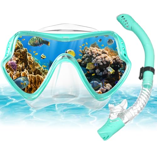 AOOSA Mascara Buceo+Tubo de Snorkel Set para Adulto, Vidrio Templado Antivaho Gafas de Buceo, Panorámicas A Prueba de Fugas Kit de Snorkel con Parte Superior Seca para Natación y Viajes (Azul)