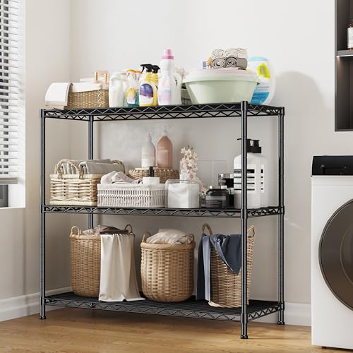 Image of 3- Shelf Metal Shelving Unit 35.6Wx14Dx36H,Adjustable Storage Shelves Heavy Duty Garage Steel Shelving for Office,Wire Rack Small Shelf for Kitchen Shelves Laundry Bathroom Pantry Closet Black,2pc