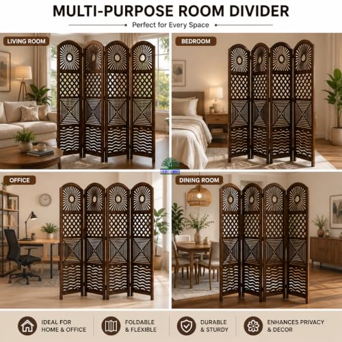 Image of Wooden Room Divider Partition for Living Room | Foldable 4 Panel Decorative Privacy Screen Separator for Home, Office & Bedroom | Modern (Dark Brown)