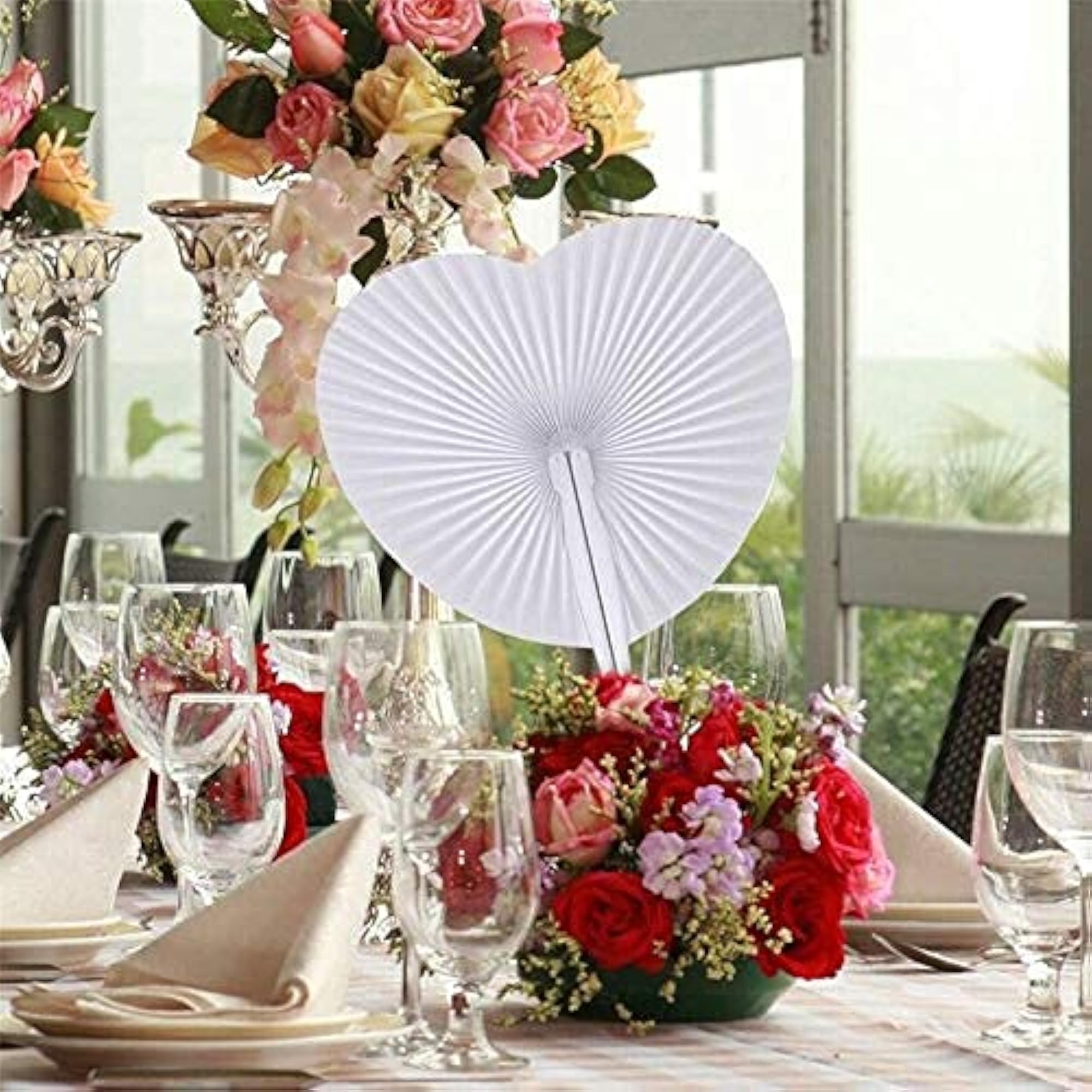 20 Pack White Wedding Heart Shaped Handheld Folding Fans