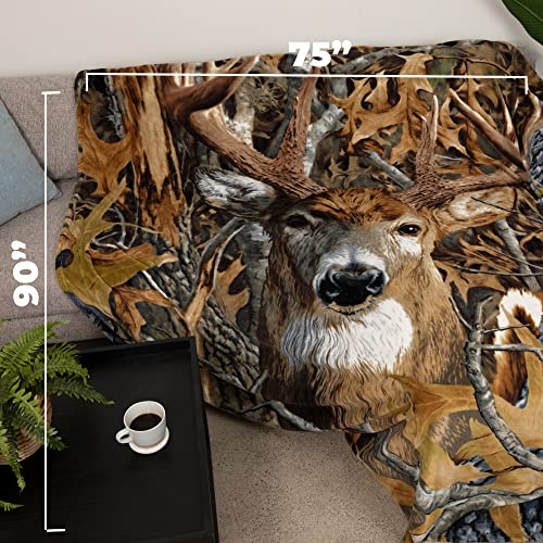 Dawhud Direct Camo Buck Deer Fleece Blanket For Bed, 75" X 90", Queen Size Woodland Fleece Throw Blanket For Men, Women And Kids - Super Soft Plush Deer Blanket Throw, Queen Size Blanket #TOP3