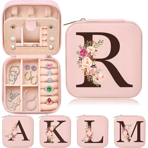 Inngeroo Small Travel Jewelry Case for Girls Women, Travel Jewelry Box Organizer Personalized Pink Gifts for Wife Mom, Gift for Friend Sister Grandma Aunt, Initial R