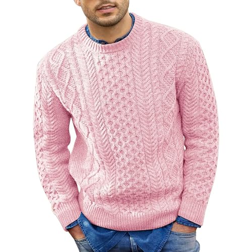 JEShifangjiusu Men'S Crewneck Knit Sweater Slim Fit Lightweight Casual Pullover Solid Twist Patterned Cable Knitted Pullover2