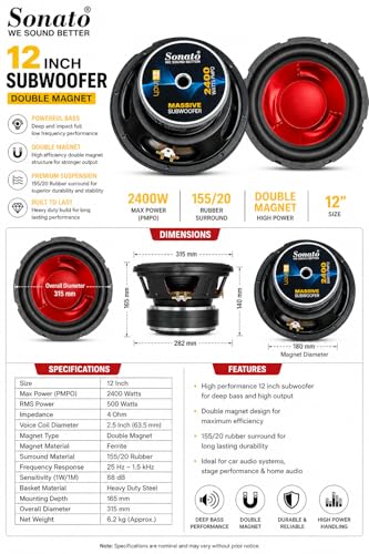 Image of SONATO Speaker 12 Inch Subwoofer, Double Magnet, 155 /20 Rubber, Imported Ideal :AMPLIFER, Home Theatre, CAR Audio