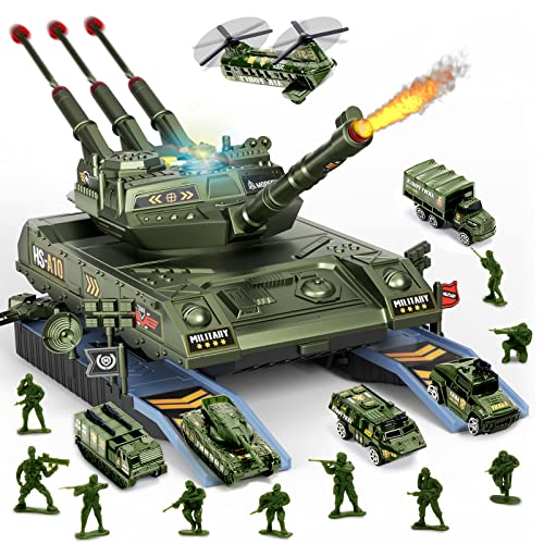 Army Tank Toys For Boys 3 4 5 6 7 8 Years Old, Military Vehicles Play Set With 6 Mini Die-Cast Cars Helicopter & 10 Army Men Toy Soldiers, Gifts For Kids Age 3+ #TOP11
