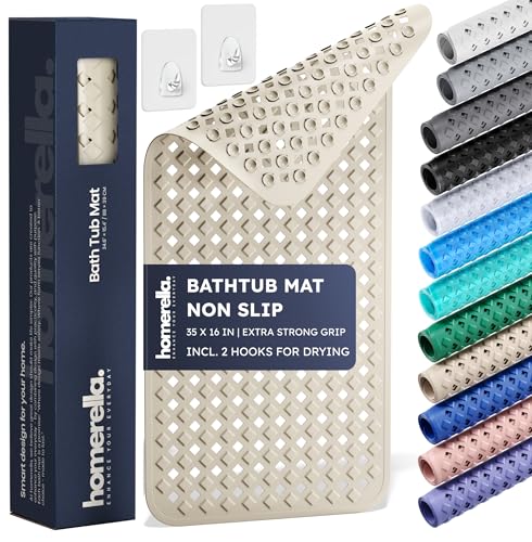 homerella® Bathtub Mat Non Slip 35x16, Incl. Hooks for Drying, Extra Long, 100% BPA Free, Shower Mat Non Slip Anti Mold, Machine Washable, Shower Mats for Inside Shower Mildew Resistant