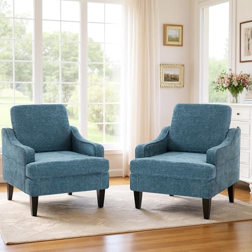GAOHAPY Set of 2 Accent Chair for Living Room Mid-Century Arm Chair Chenille Fabric Living Room Chairs Upholstered Reading Chair for Bedroom Single Sofa Chair with Wood Legs for Apartment (Blue)