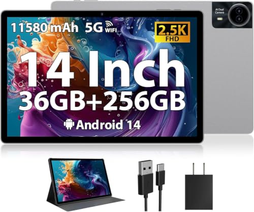 Image of 2026 Premium 14 inch Android Tablet: 2.5K IPS Display 36GB RAM 256GB ROM 1TB Expand | 8-Core 2.0HZ MT6769 Mali-G57 11580mAh Battery| 5G /2.4G WiFi Quad Box Speakers 8+13MP for Work Gaming Study-Silver