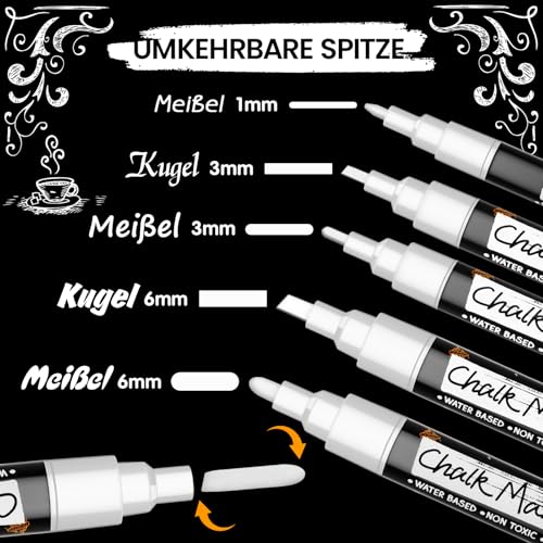 Maqhpu Weiß Kreidestifte für Tafel Abwaschbar, 6 Stück Kreidestifte und 45pcs Kreidetafel Labels, Fensterstifte Whiteboard Marker Kreidemarker Tafelstifte für Glas & Gewürzgläser (1mm, 3mm, 6mm)