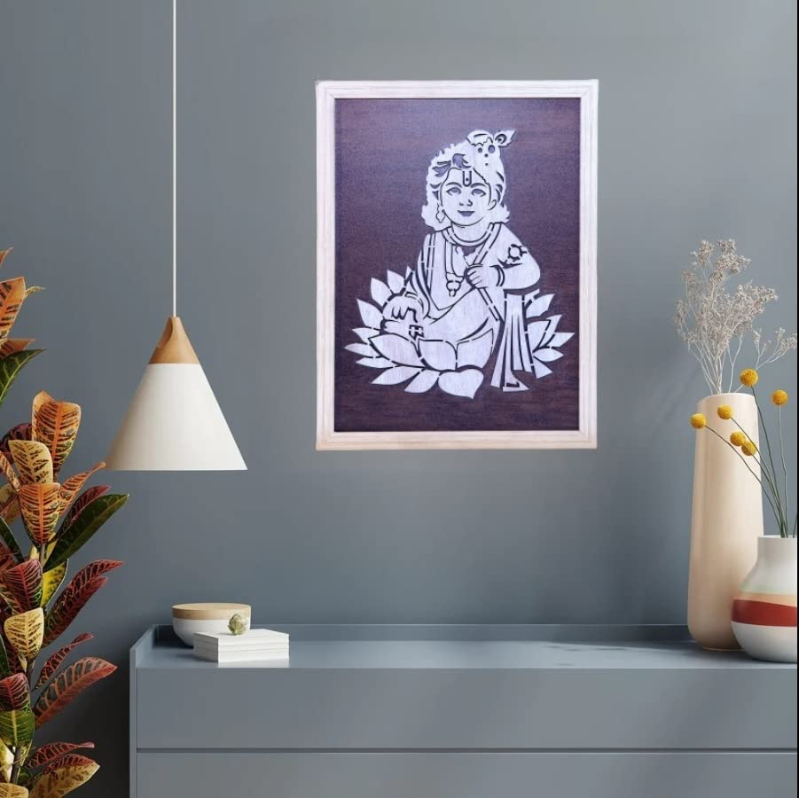 Lavnik Krishna Bal Gopal Wall Frame, Krishna Wall Decor Frame, Lord Krishna Wall Hanging frame for Pooja Room, Home Decor, Living Room Gift Krishna Wall Art Frames, Religious Photo Framed