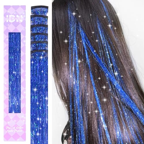 IDN BEAUTY Soccer Game Day Hair Tinsel Clip in 6pcs Treasure Blue Sparkling Tinsel Hair Extensions 3s Wear and Go for Party Daily Travel Birthday 24Inch Hair Accessories for Girls Women Kids
