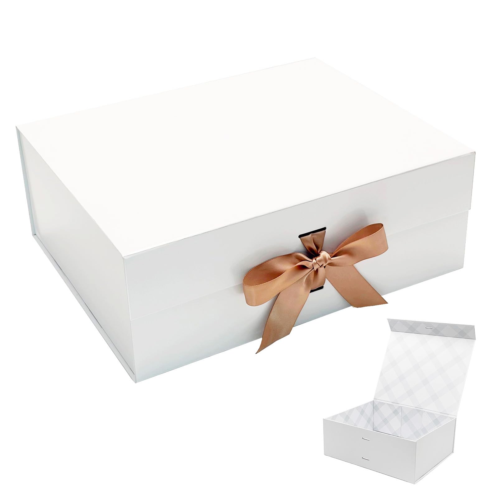 Tekhoho Scatola Regalo Bianco Grande 33.5x27x12.5 cm, Scatola Regalo Premium con Coperchio Magnetico e Nastro per Confezioni Regalo di Matrimonio e Compleanno, Fodera Plaid