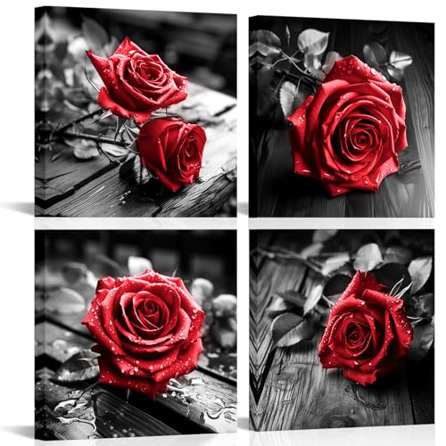 VANSEEING 4 Pieces Red and Black Rose Flower Canvas Wall