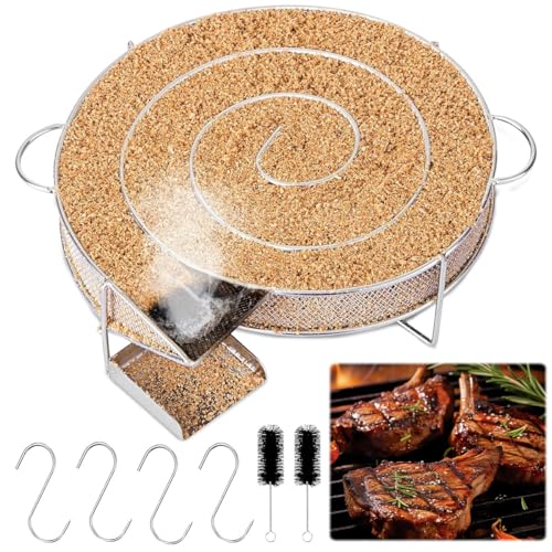 Kaltrauchgenerator aus Edelstahl, Rund Rauchgenerator mit 4 Fleischhaken + 2 Reinigungsbürste, Kaltrauchgenerator Räucherschnecke, Rund Edelstahl Kaltraucherzeuger für Smoker und Räucheröfen