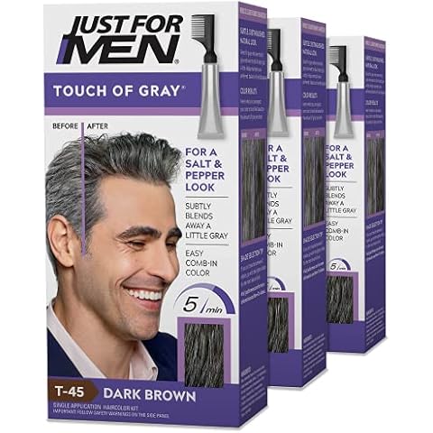 Just For Men Touch of Gray, Mens Hair Color Kit with Comb Applicator for Easy Application, Great for a Salt and Pepper Look - Dark Brown, T-45, Pack of 3 Cover