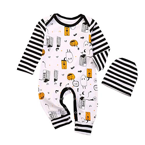 Infant Baby Boy Girl My 1st Halloween Outfits Long Sleeve Pumpkin Print Romper Jumpsuit with Hat Clothes Set (Striped White,0-6 Months)