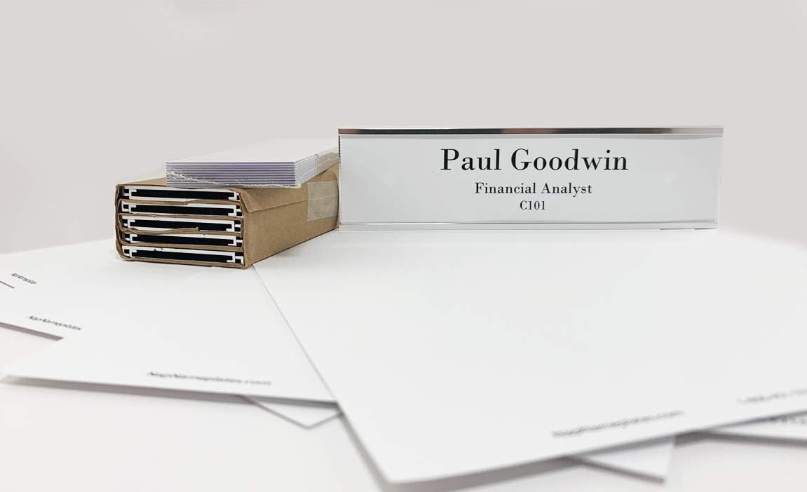 Wall or Door Nameplate Holder with Clear Plastic Inserts and Perforated Nameplate Inserts - Pack of 10 (Silver, 8" x 1")