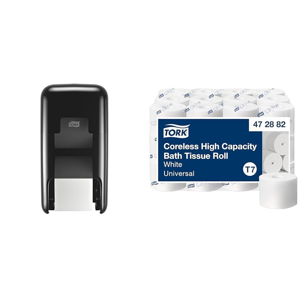 Tork OptiServe 2-Roll Coreless Toilet Paper Dispenser Black T7/T5, Vertical Dispenser, Elevation Design + Tork OptiServe Coreless Toilet Paper White T7, Universal, 2 Ply, 36 x 1000 Sheets