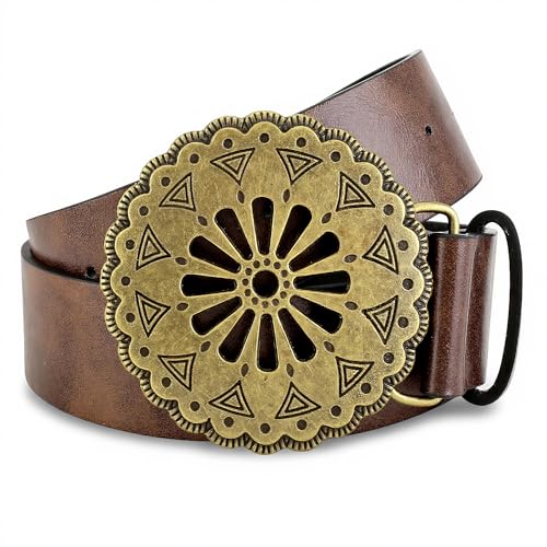 Ayliss Women Wide Disc Belt Vintage PU Leather Wide Waistband Dics Belt Vintage Buckle Retro Cowgirl Metal Buckle Belt
