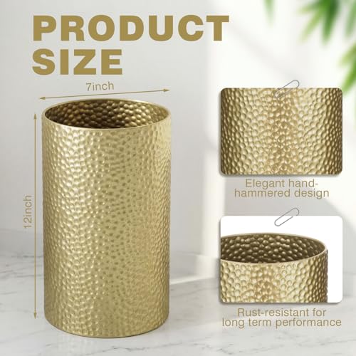 Image of Maxdot 12.01 x 6.89 Inches Gold Trash Can for Bathroom Small Metal Waste Basket, Hammered Garbage Can with Brass Finish, Decorative for Bedroom, Office, Kitchen(Cylinder)