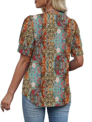 Image of OFEEFAN Womens Tops Short Sleeve Shirts Buttons V Neck Spring Fashion Summer Outfits Plus Size Blouses Dressy Casual