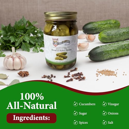 MUZZARELLI FARMS® Bread & Butter Pickles | Jersey Fresh® | Family Recipe for 40 years | No Gluten, No Preservatives | All Natural | Gourmet Snacks & Garnishes 16 fl oz Glass Mason Jar | Hand-Selected Pickles Bottled for Peak Freshness and Flavor. Made i