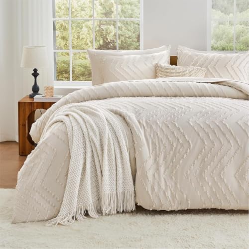 Image of Andency Beige Queen Comforter Set, Bed in a Bag - 7 Pieces Boho Tufted Cream Bedding Set with 1 Comforter, 1 Flat Sheet, 1 Fitted Sheet, 2 Pillow Shams, 2 Pillowcases