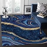 Nordic Navy Blue Gold Marble Area Carpet, Luxury Abstract Stain Resistant Living Room Rug, Soft Rug Breathable Non-Shedding Washable for Bedroom Living Room Boy Girl Decor5 x 6ft